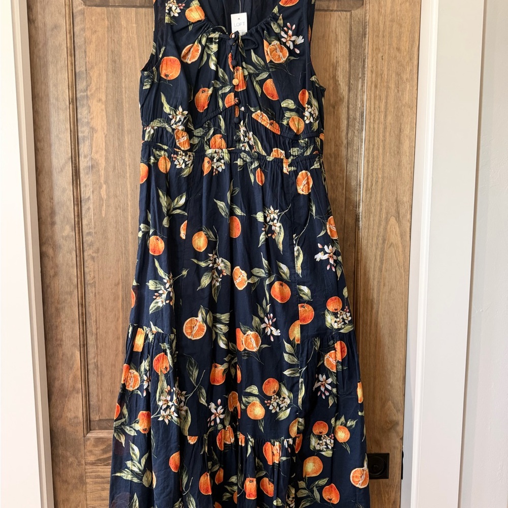 LOFT Navy Midi Dress with Orange Fruit Print